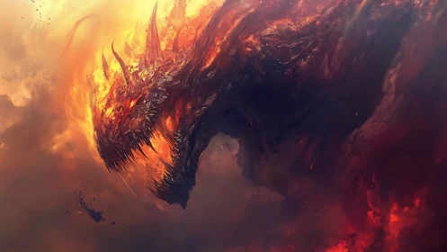 Molten fire dragon emerging from smoke and burning clouds.