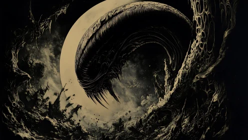 Cosmic serpent arcs across a haunted, moonlit void.
