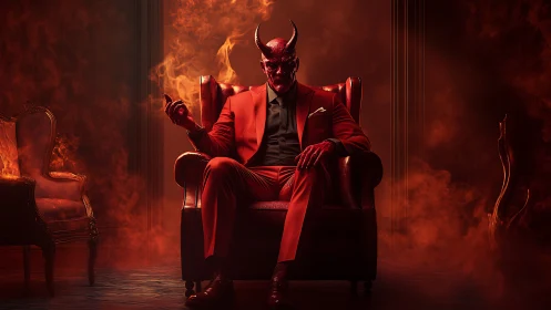 Demonic figure in red suit seated amid infernal flames.