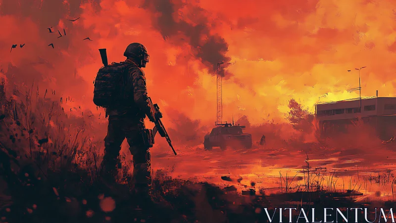 Wandering soldier in a burning twilight battlefield haze.