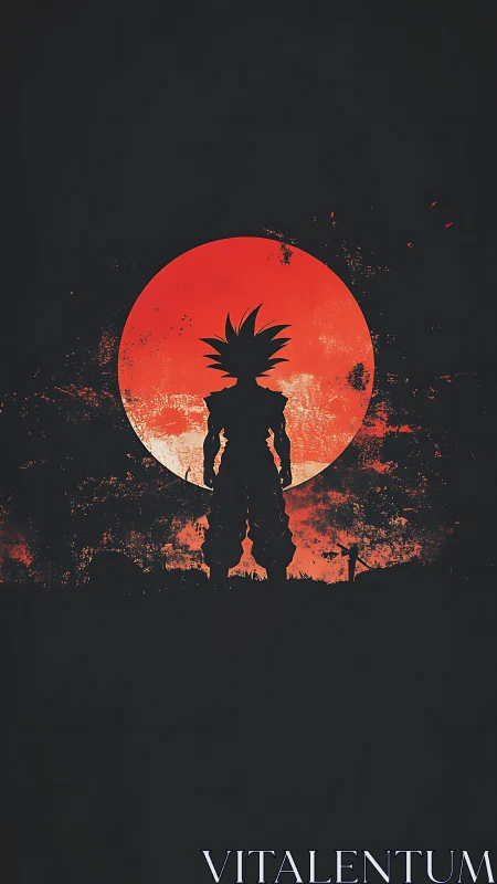 Silhouetted spiky-haired figure before large red circular moon.