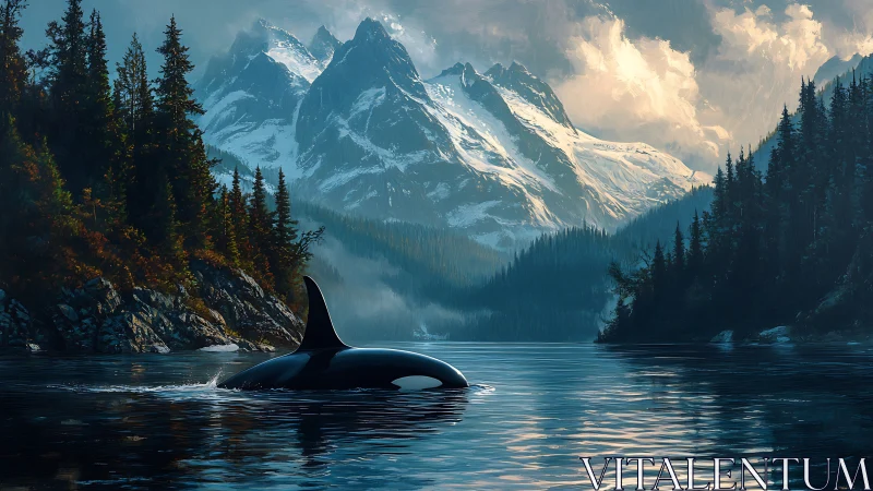 Solitary orca surfaces in calm fjord beneath alpine peaks