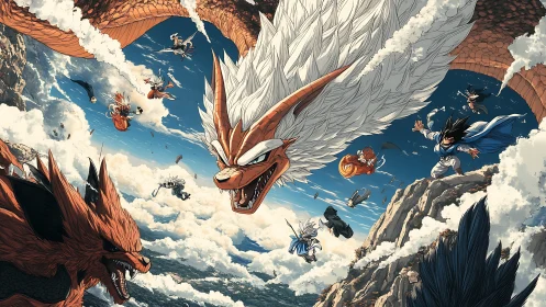 Sky-splitting dragon duel amid soaring anime warriors unleashed.