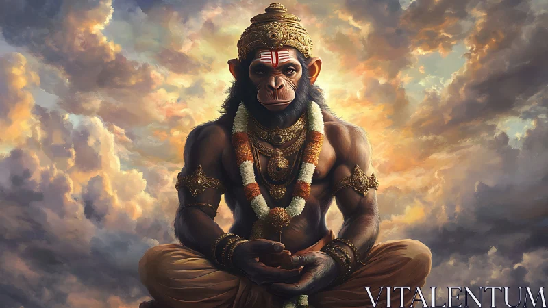 Simian deity in meditative pose under dramatic cloudscape