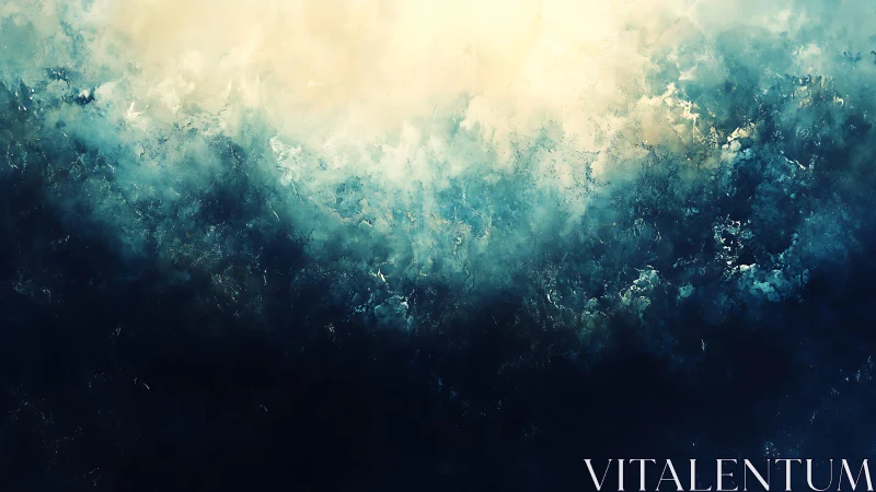Abstract blue and cream atmospheric painting with dramatic lighting.