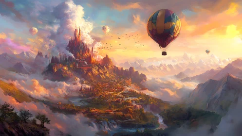 Hot air balloons float above a vivid fantasy mountain city