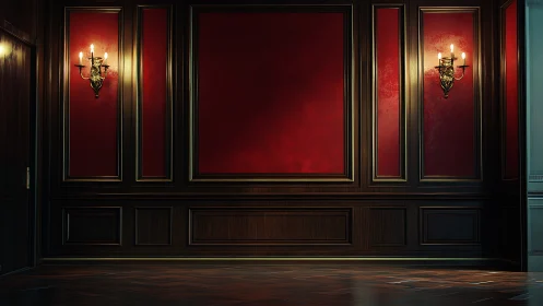 Dark paneled interior wall with red insets and sconces.