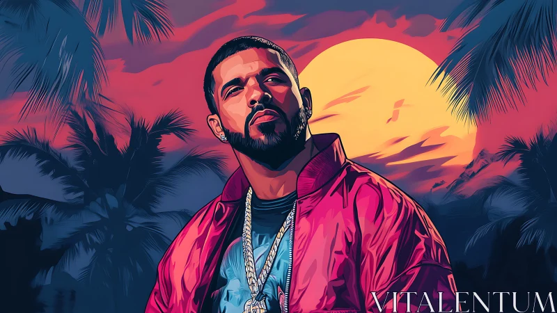 Stylized portrait of man before sunset and palm silhouettes.