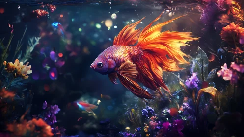 Radiant betta fish glides through luminous floral reef.