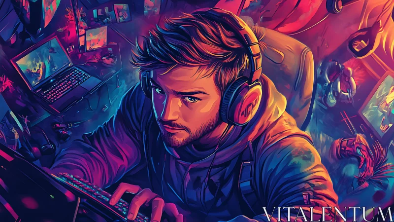 Male gamer focuses on colorful PC setup in neon lighting