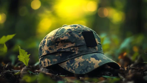 Camouflage cap resting quietly on a sunlit forest floor.