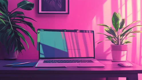 Neon home office desk with laptop and lush potted plants.