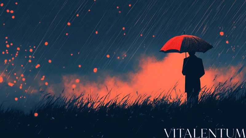 Silhouette stands in rain under red umbrella on dark field.