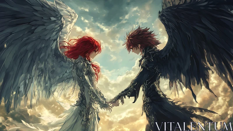 Contrasting angelic figures meet in chiaroscuro celestial light