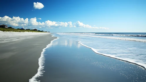 Sunlit shoreline stretches under calm blue coastal sky