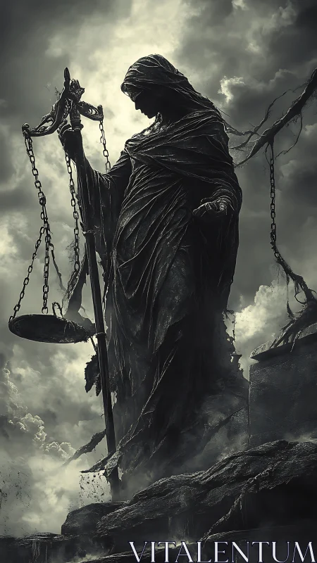 Eroded colossal Justice statue with broken scales in stormlight