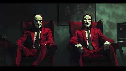 Twin masked figures in crimson suits on shadowed thrones.