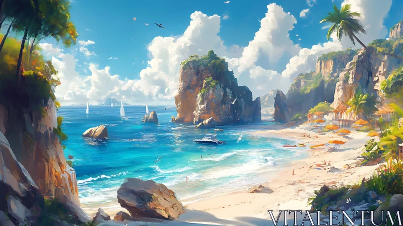 Coastal landscape depicts cliff formations sheltering tropical beach cove