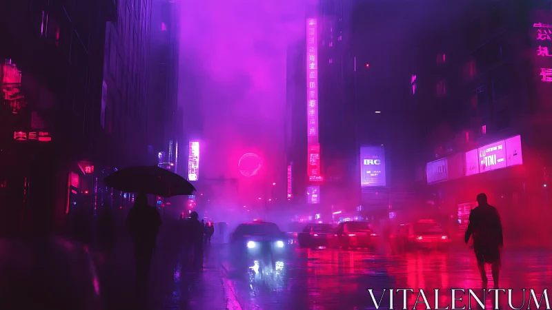Neon-lit urban street scene shows cars and pedestrians in rain