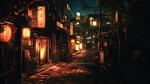 Nighttime urban alleyway shows illuminated lantern-lit storefronts