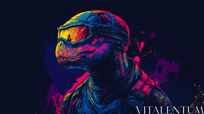 Neon-armored turtle warrior under vivid splatter light.