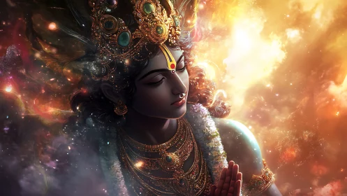 Divine crowned figure in cosmic light and swirling clouds.