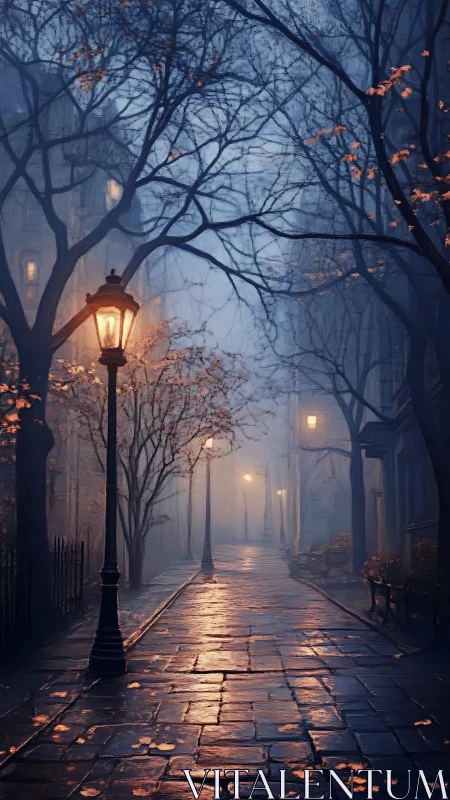 Lamplight whispers along a misty blue autumn street.