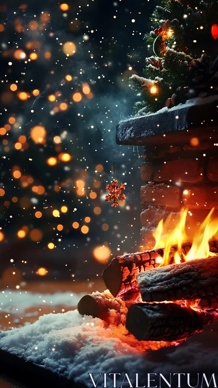 Photorealistic snowy fireplace with burning logs and bokeh lights