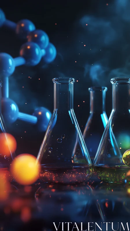 Luminous lab flasks glow under molecular neon haze at night.