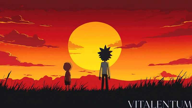Cinematic anime sunset with silhouetted duo in frontal profile.