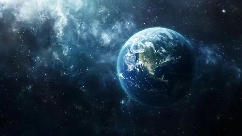 Terrestrial globe in deep space with luminous nebular haze.