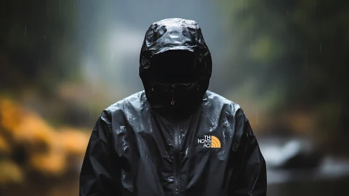 Figure in waterproof jacket in rainfall conditions
