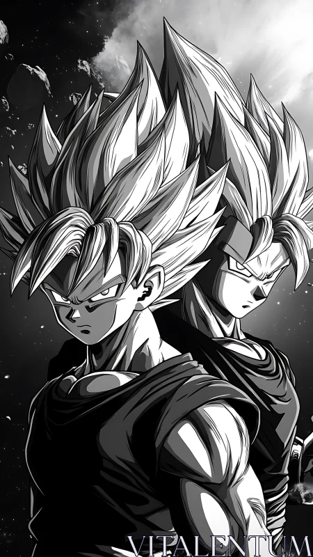 Spiky haired warriors stand back to back in space scene