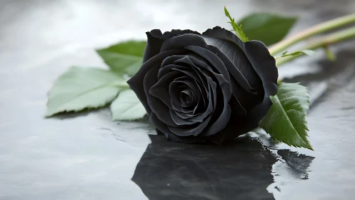 Single black rose on reflective wet surface in focus.