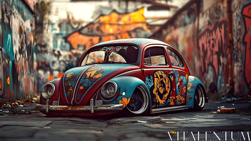 Colorful graffiti beetle resting in a gritty urban alleyway.