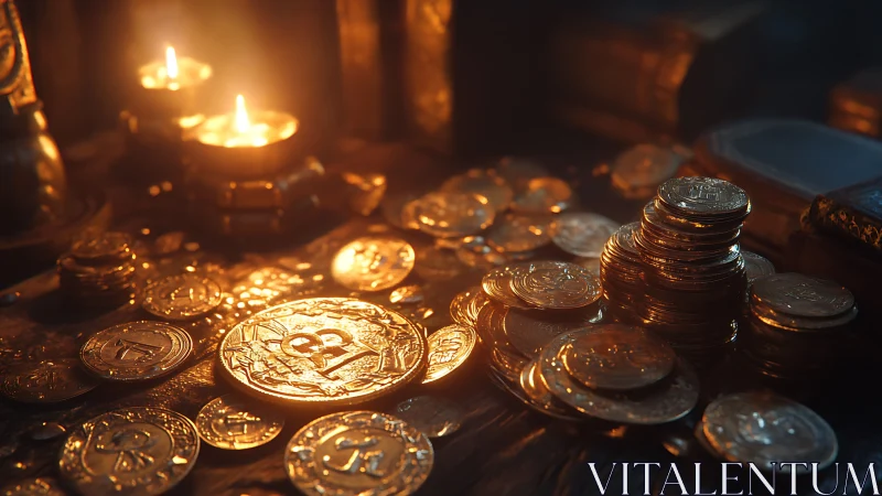 Candlelit gold coins rendered in dramatic digital chiaroscuro
