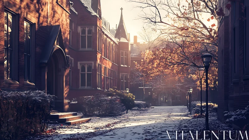Late autumn college quad in soft sunrise snowlight.