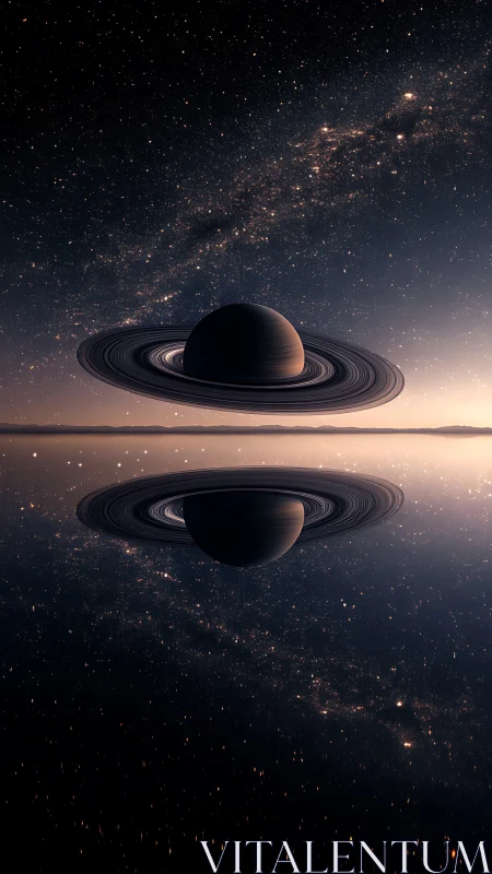 Ringed gas giant aligns symmetrically over reflective plane