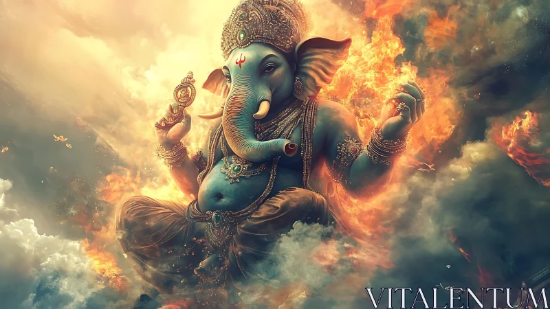 Digital Ganesh deity amid fire and clouds in meditation.