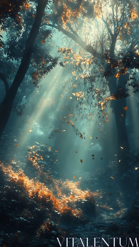 Autumn Forest Canopy with Volumetric Crepuscular Rays and Falling Leaves