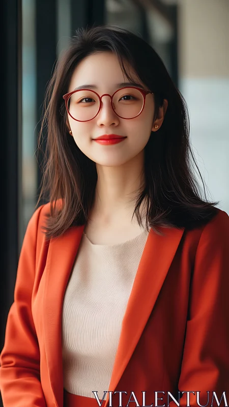Warm professional portrait in bright red glasses and blazer.