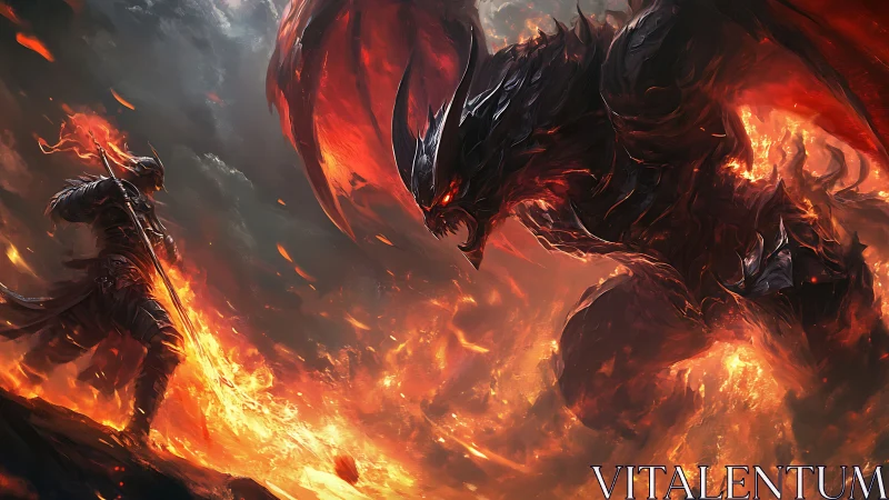 Flaming hero faces colossal demon in a storm of fire.