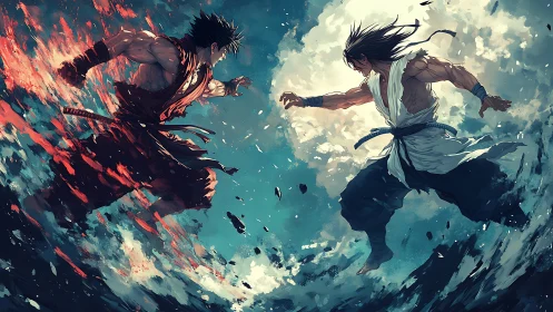 Martial artists clash amid swirling fire and water energy.