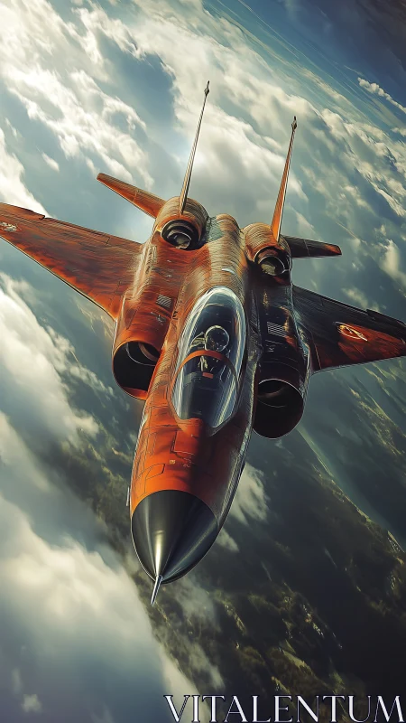 Red twin‑engine jet fighter climbs through broken clouds