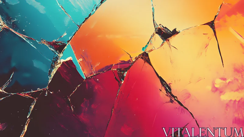 Shattered glass reveals vivid teal, orange, and magenta light.