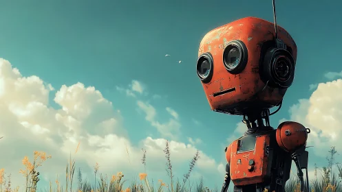 Lonely red robot gazes across a quiet wildflower meadow