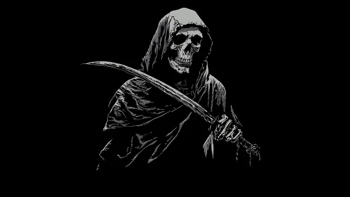 Hooded skeletal figure with curved sword in monochrome profile.