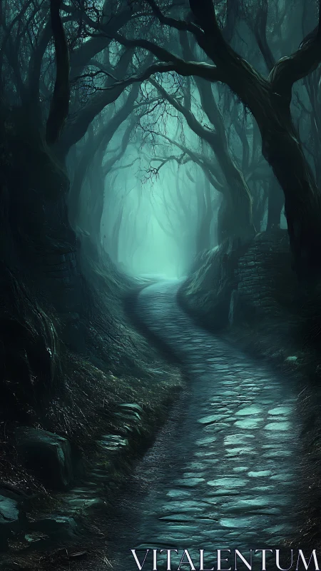 Cobblestone path winding into a misty haunted forest night.
