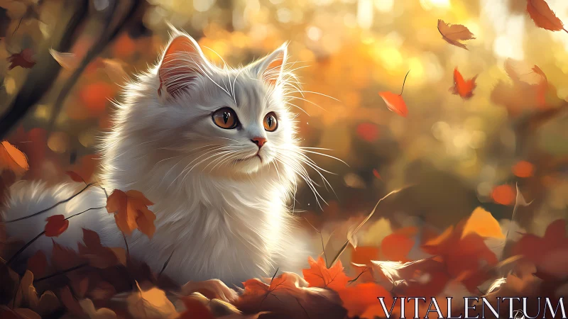 White Cat in Autumn Leaves with Golden Light.