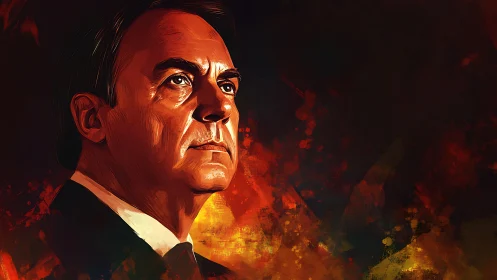 Digital portrait of stoic man over fiery abstract background.